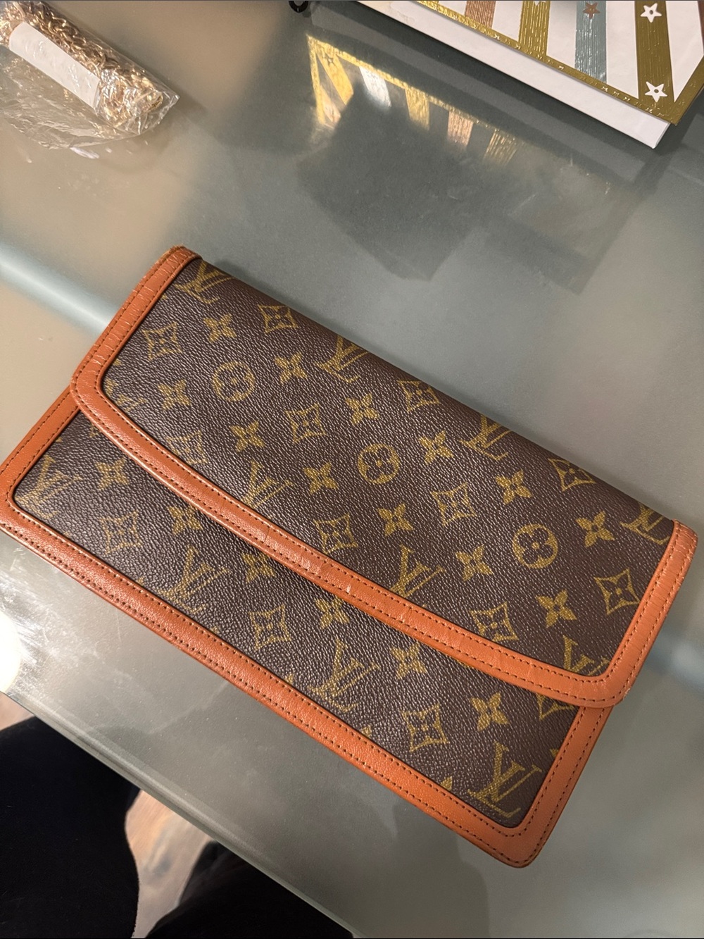 Louis Vuitton Brown Monogram Clutch with Tan Trim